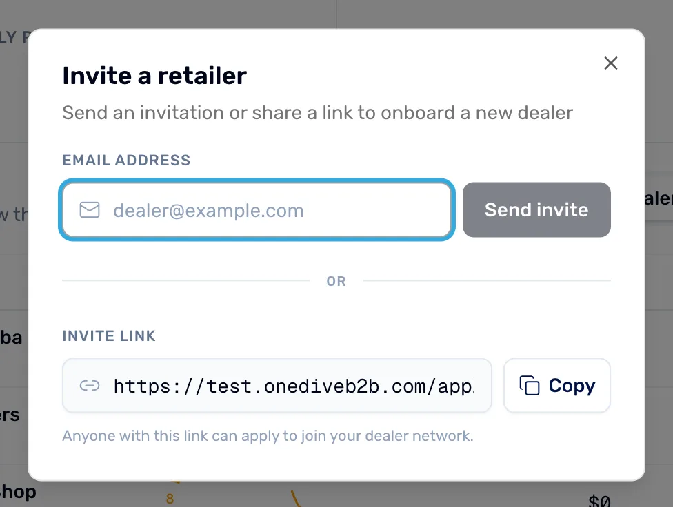The Invite a retailer window over the Dealers page: an Email address box with a Send invite button beside it, then an Invite link box with a Copy button, and the line Anyone with this link can apply to join your dealer network