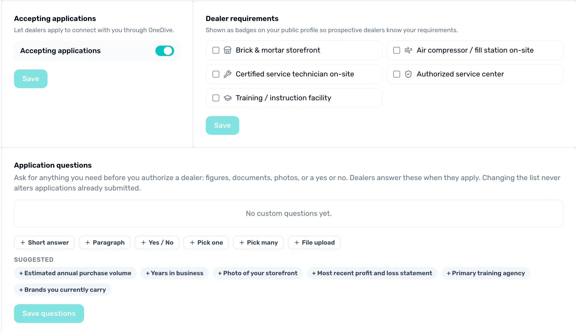 The Dealer applications settings page with three panels: Accepting applications with a switch turned on and a Save button, Dealer requirements with five tick boxes, and Application questions with buttons for each kind of question