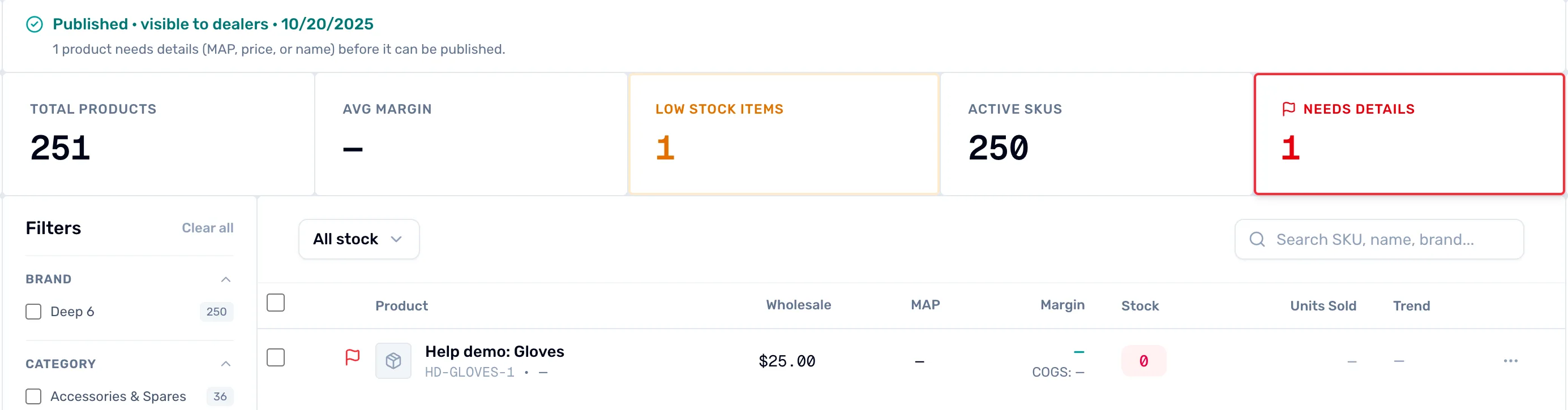 The Catalog page with the Needs Details tile on, showing one product, Help demo: Gloves, with a red flag beside its name, a wholesale price of $25.00 and a dash where the MAP should be