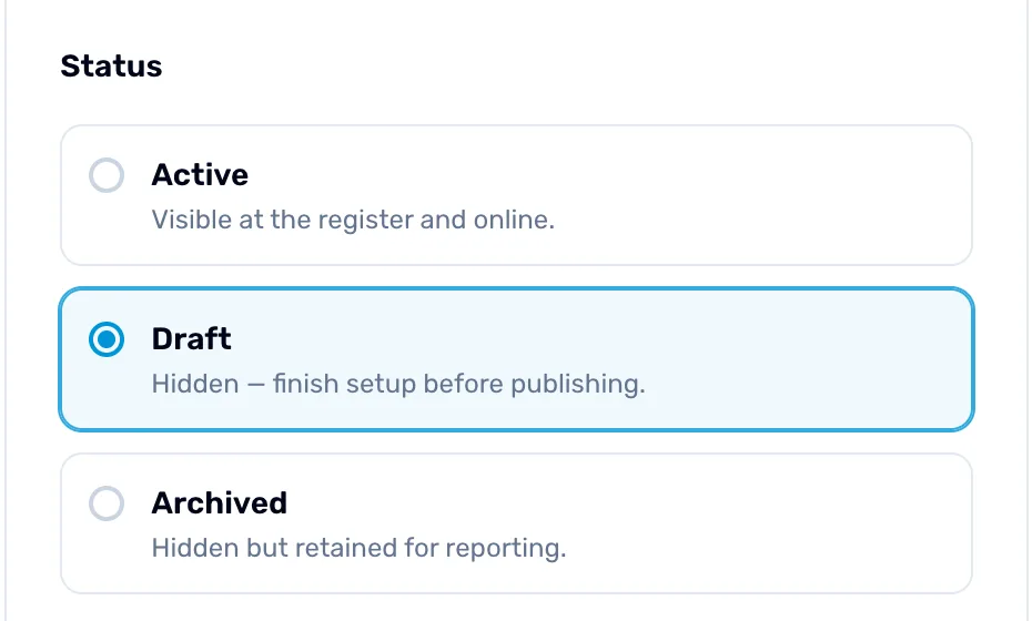 The Status panel of a product with three choices: Active, Draft selected with the line Hidden — finish setup before publishing, and Archived
