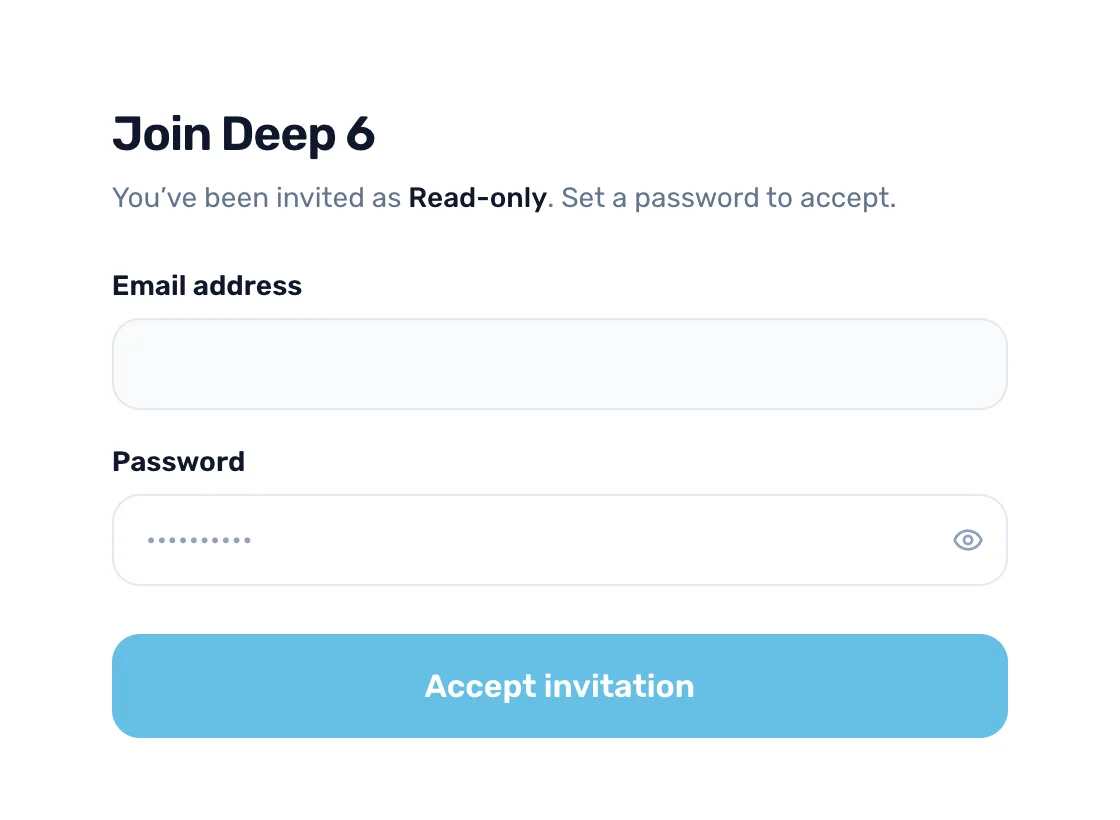 The Join Deep 6 page: You’ve been invited as Read-only, a locked Email address field, an empty Password field and an Accept invitation button