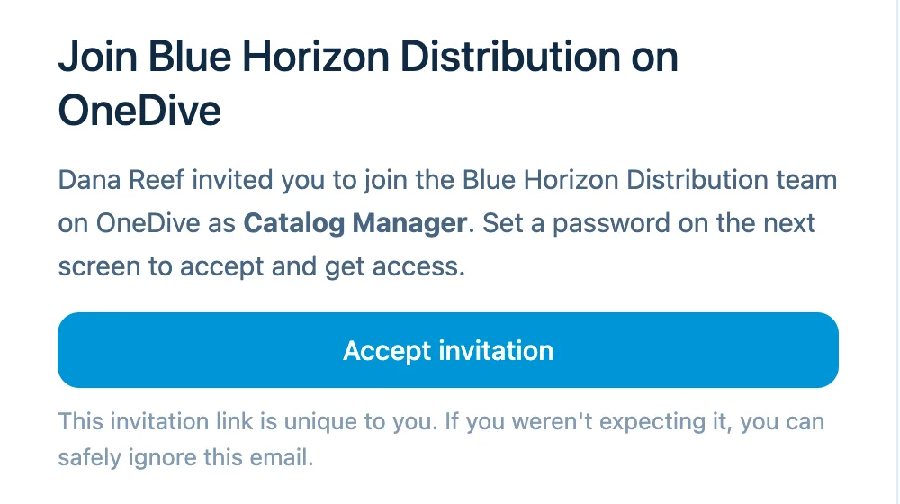 The invite email: Join Blue Horizon Distribution on OneDive, Dana Reef invited you to join the team as Catalog Manager, and an Accept invitation button