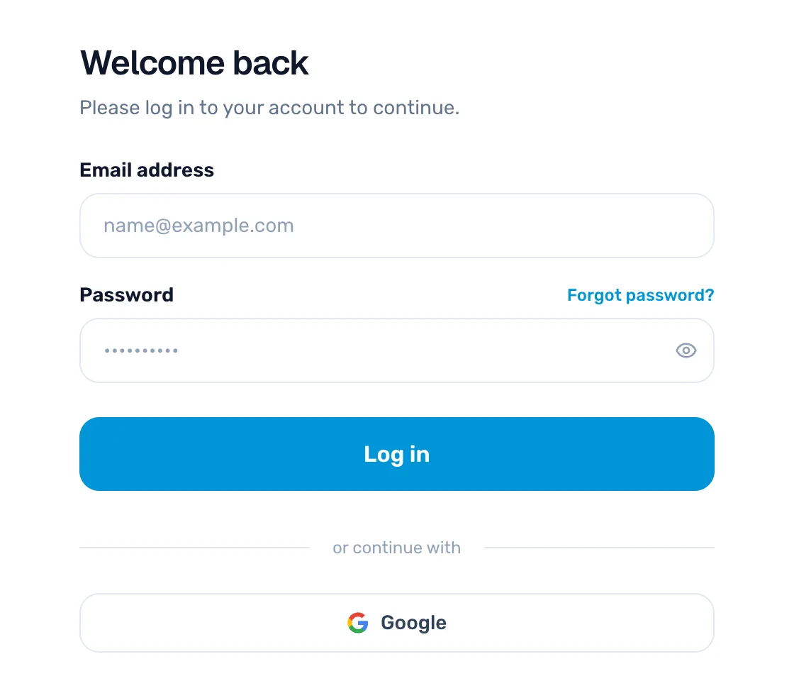 The Welcome back page: Email address, Password with Forgot password?, a Log in button, and a Google button