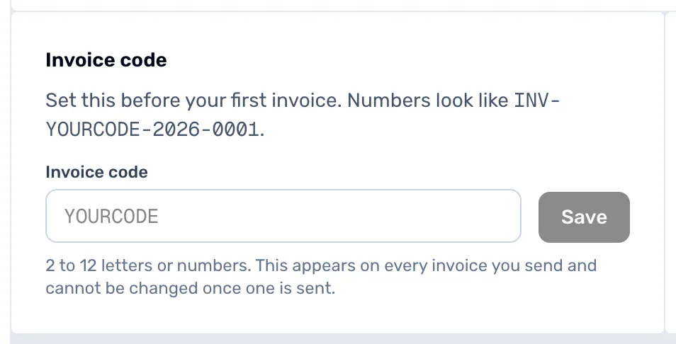The Invoice code panel with an empty code field, the example invoice number INV-YOURCODE above it and a Save button beside the field