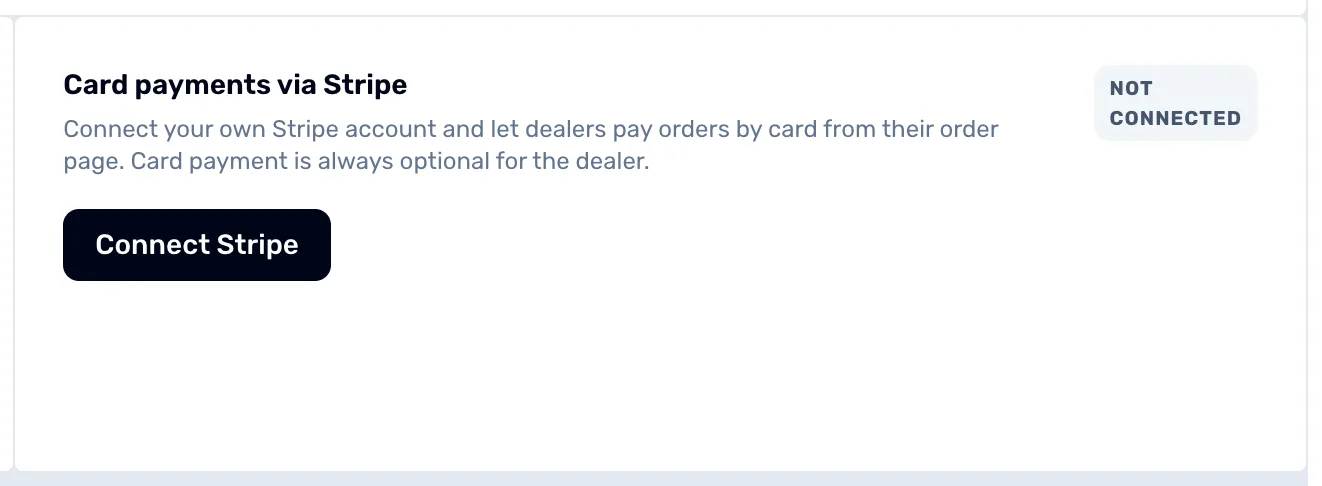 The Card payments via Stripe panel with a Not connected label at the top right and a Connect Stripe button under the description