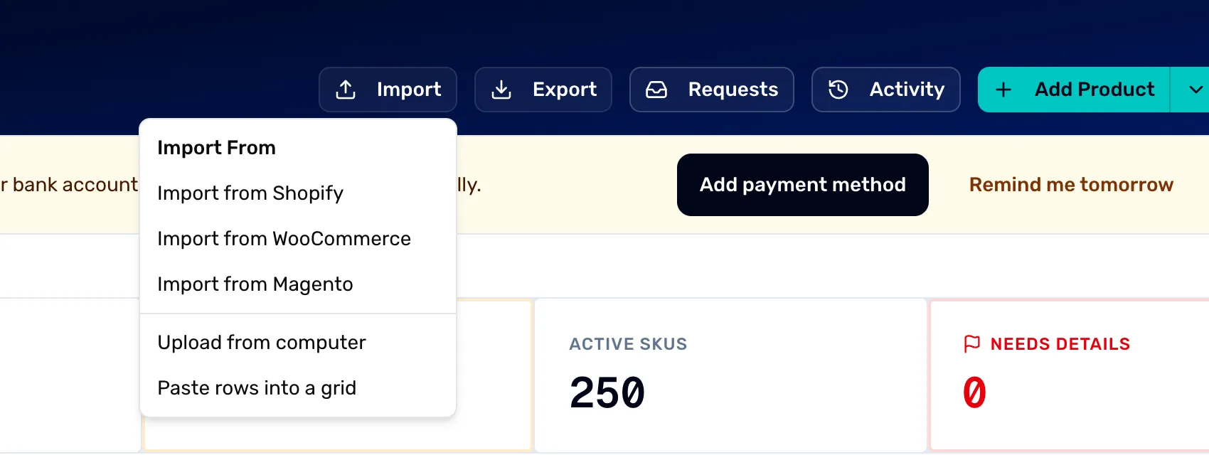 The Catalog toolbar with the Import menu open, listing Import from Shopify, WooCommerce and Magento, then Upload from computer and Paste rows into a grid