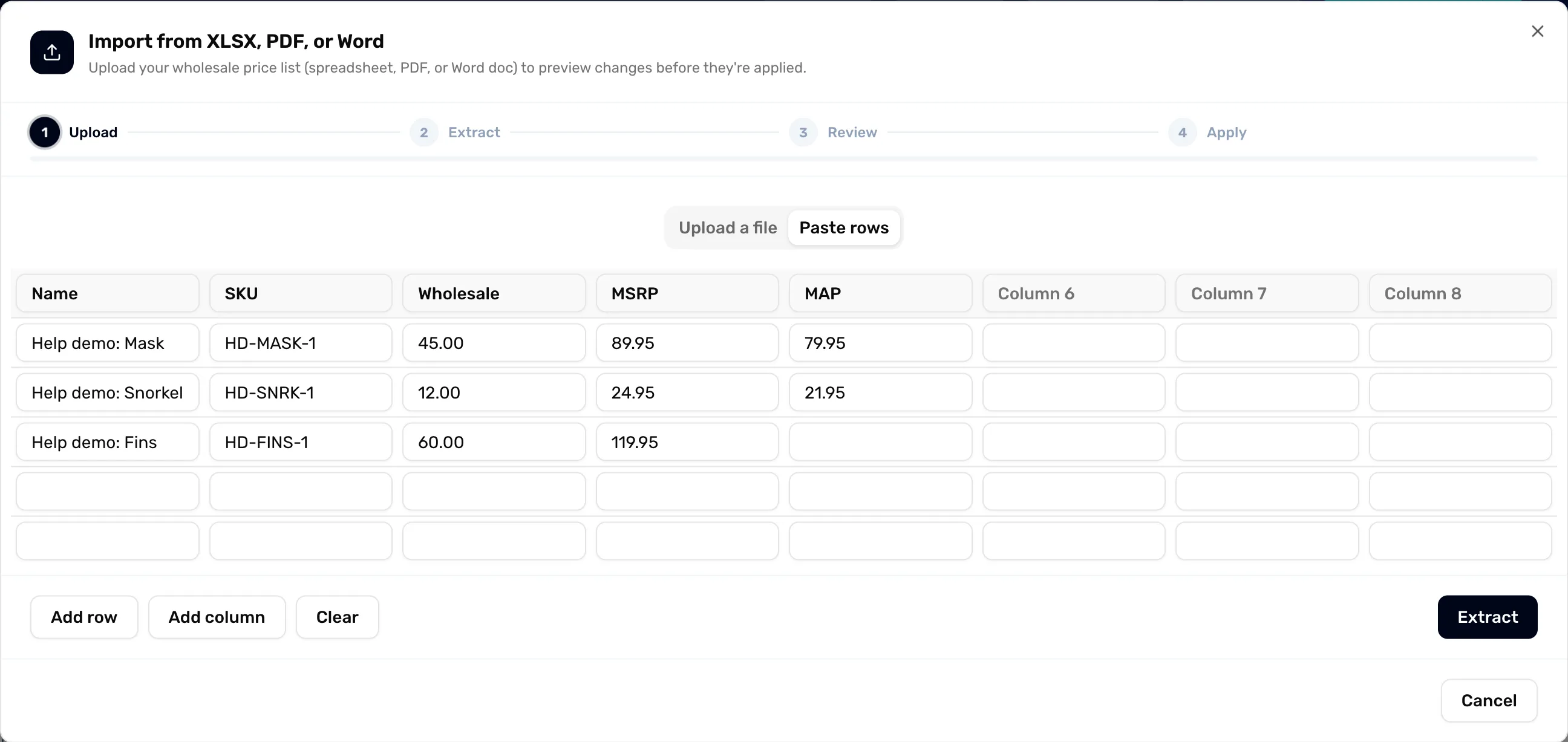 The Import window on the Paste rows tab with a header row of Name, SKU, Wholesale, MSRP and MAP, three product rows, and an Extract button