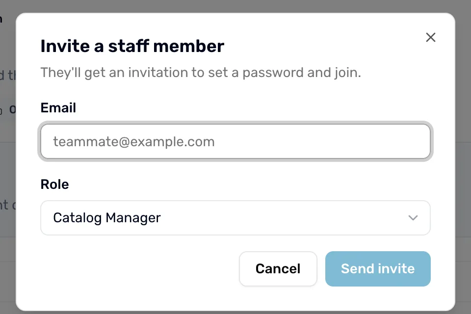 The Invite a staff member box with an Email field, a Role list showing Catalog Manager, Cancel and Send invite