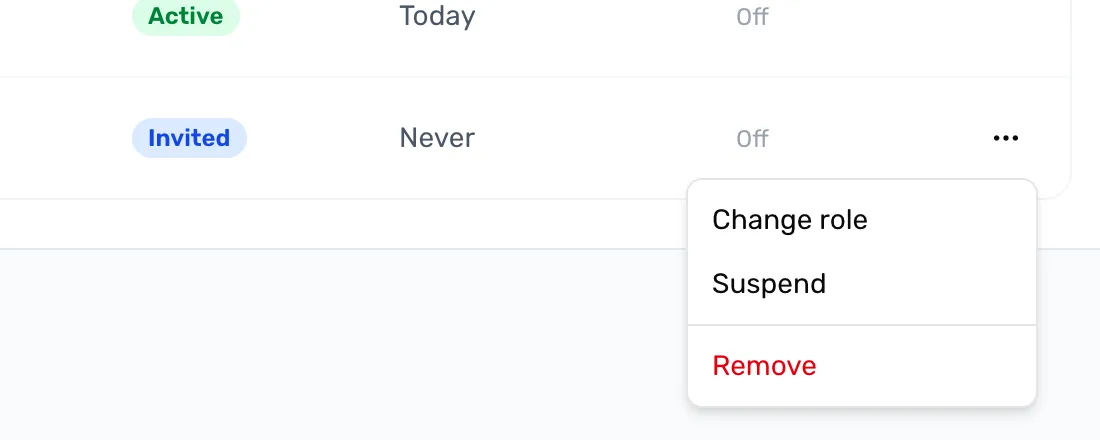 A staff row with its Staff actions menu open, listing Change role, Suspend and, below a line, Remove in red