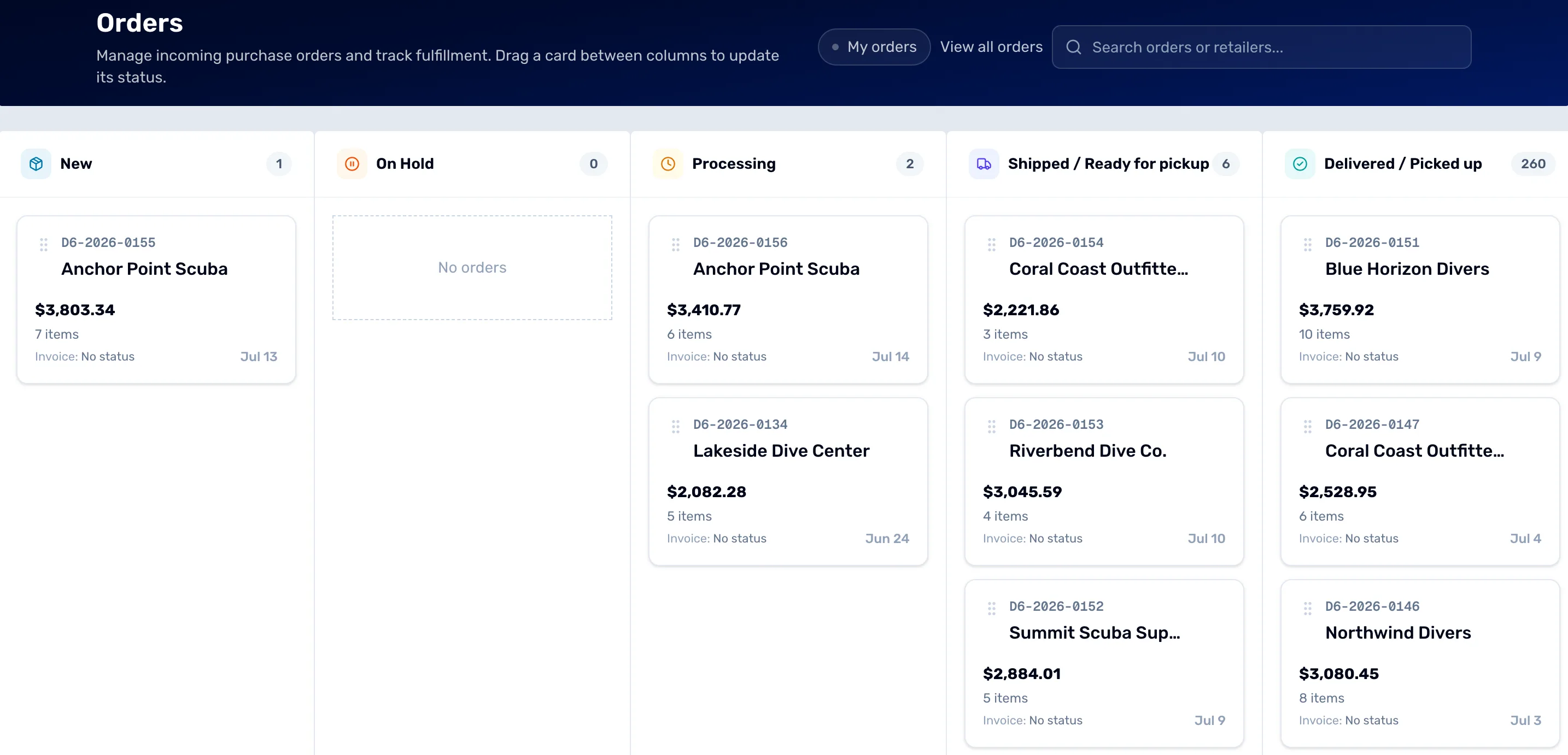 The Orders board with five columns: New with one order, On Hold empty, Processing with two, Shipped / Ready for pickup with six and Delivered / Picked up with many, and the My orders switch in the top bar