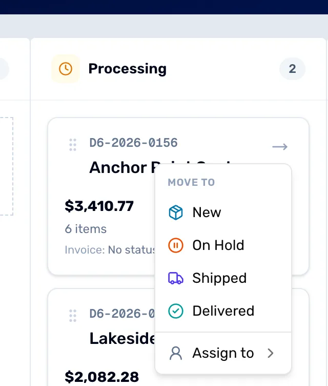 A card's menu open on the board: Move to, with the other columns listed under it, and Assign to at the bottom