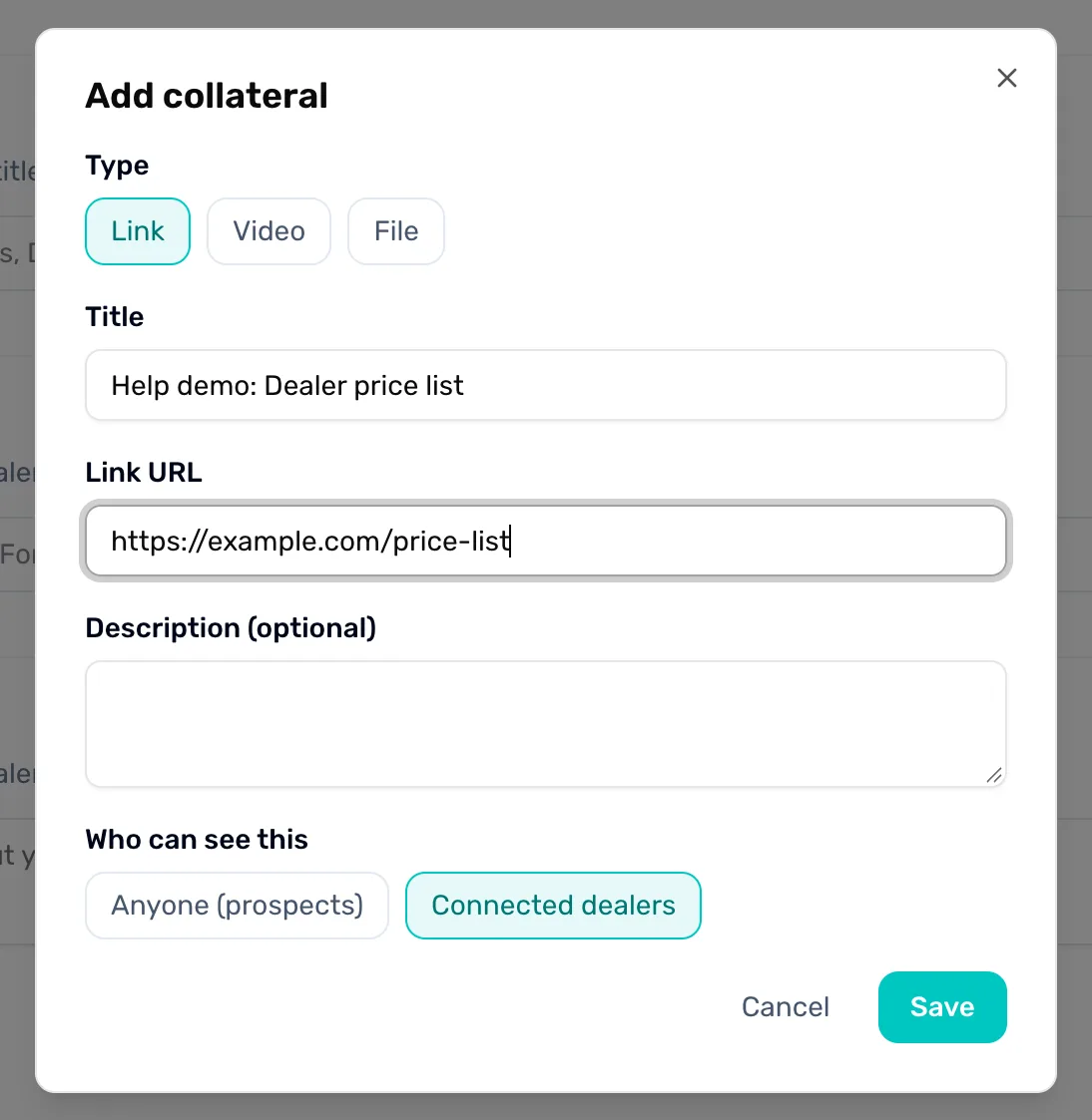 The Add collateral window with Link chosen, a Title and a Link URL filled in, and the Who can see this choice above Cancel and Save