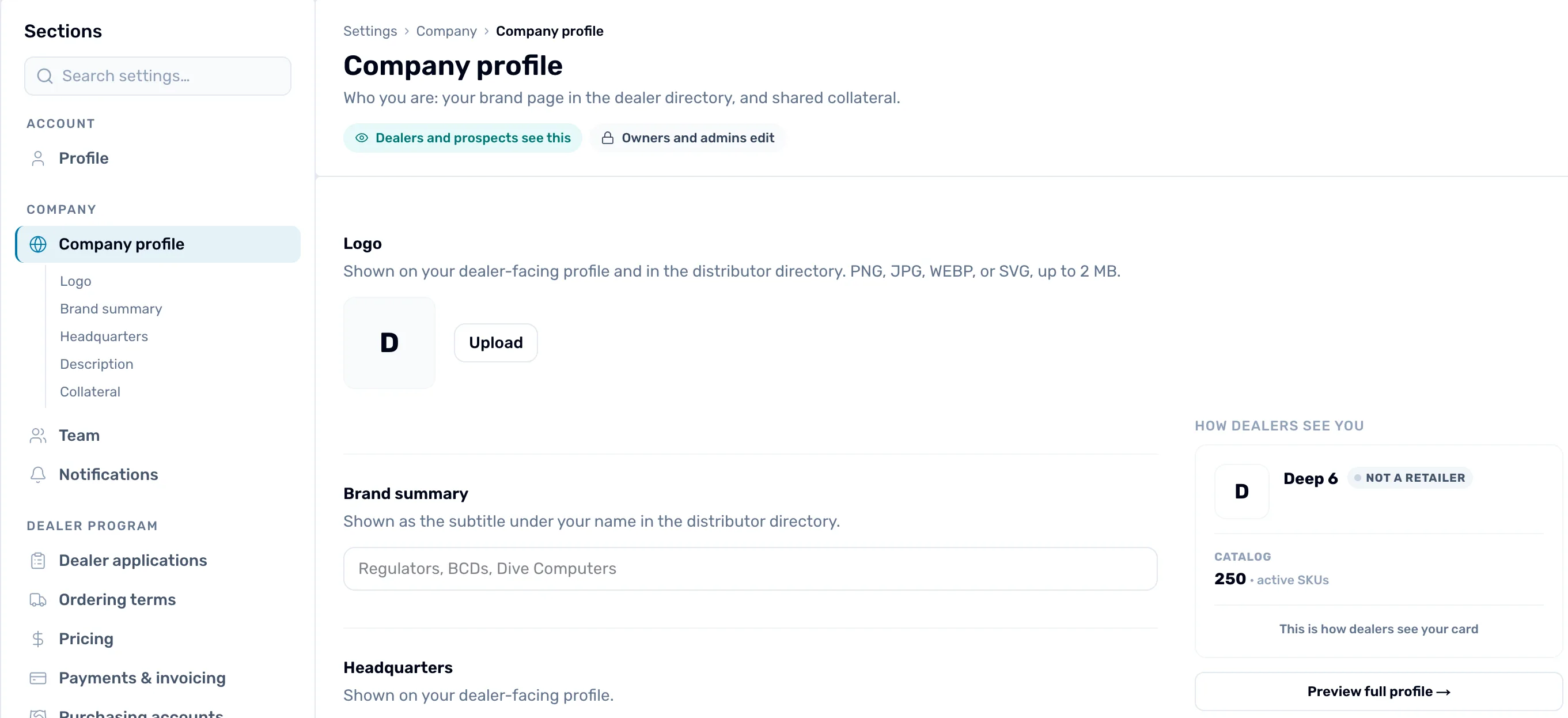 The Company profile page: the settings rail with Company profile selected, the Dealers and prospects see this chip, the Logo section with an Upload button, and the How dealers see you panel on the right