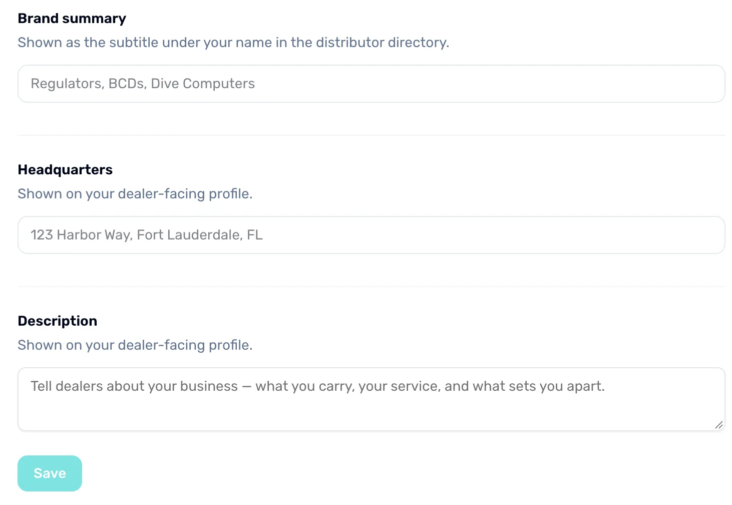 The Brand summary, Headquarters and Description fields on the Company profile page, with a Save button under them