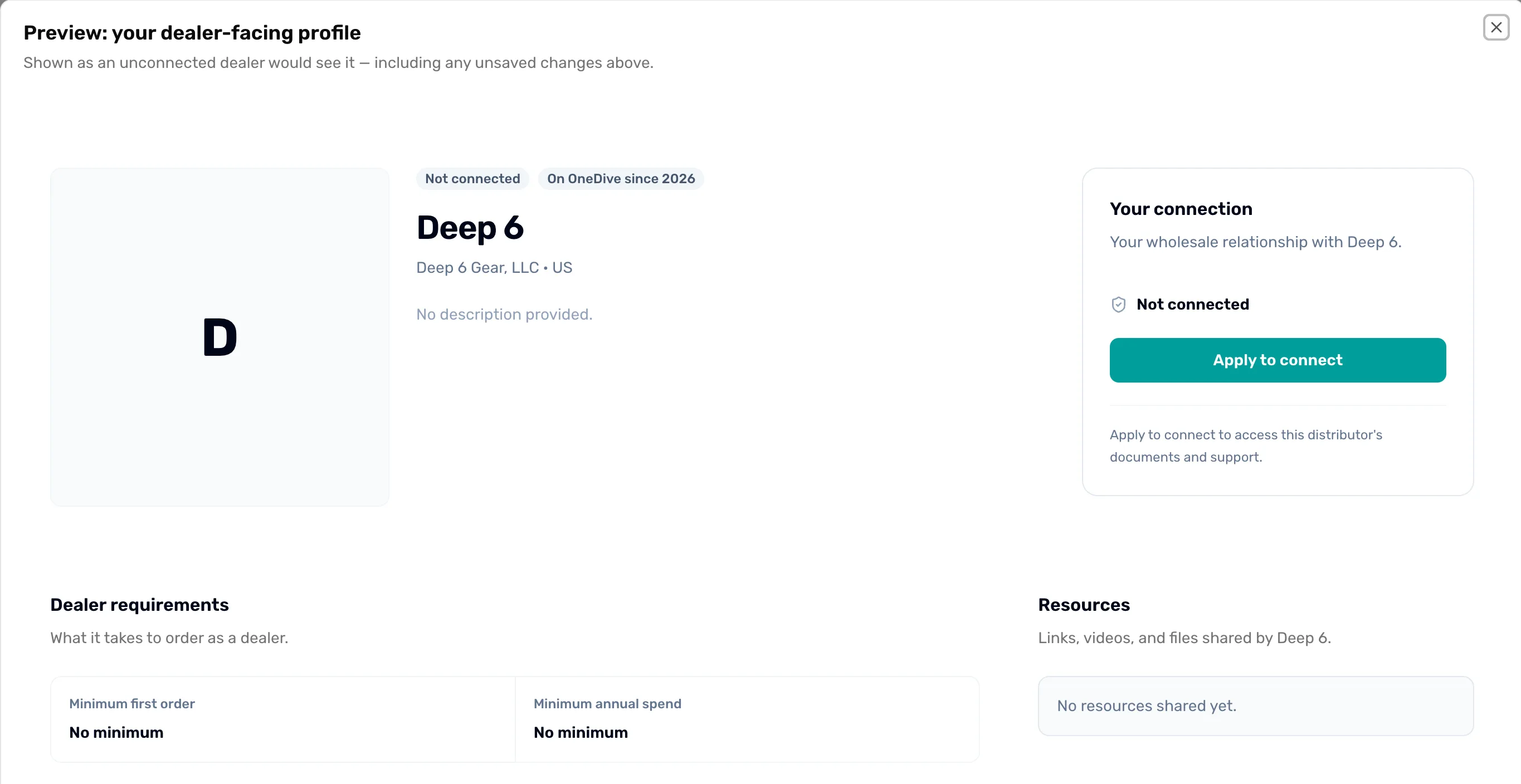The Preview: your dealer-facing profile window, showing the Deep 6 profile with its logo, name, an Apply to connect button, Dealer requirements and Resources