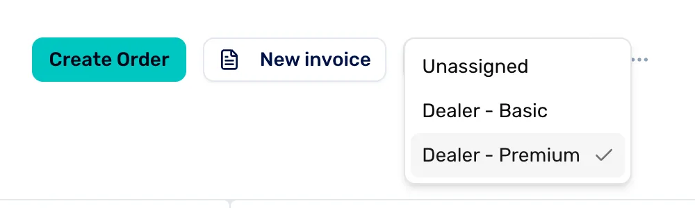 The top right of a dealer's page: the Create Order and New invoice buttons, and the open tier picker listing Unassigned, Dealer - Basic and Dealer - Premium, with Dealer - Premium ticked