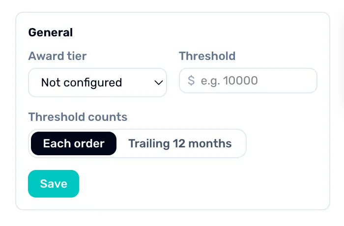 The General volume award card, not yet configured: an Award tier menu, a Threshold box, a Threshold counts switch between Each order and Trailing 12 months, and a Save button