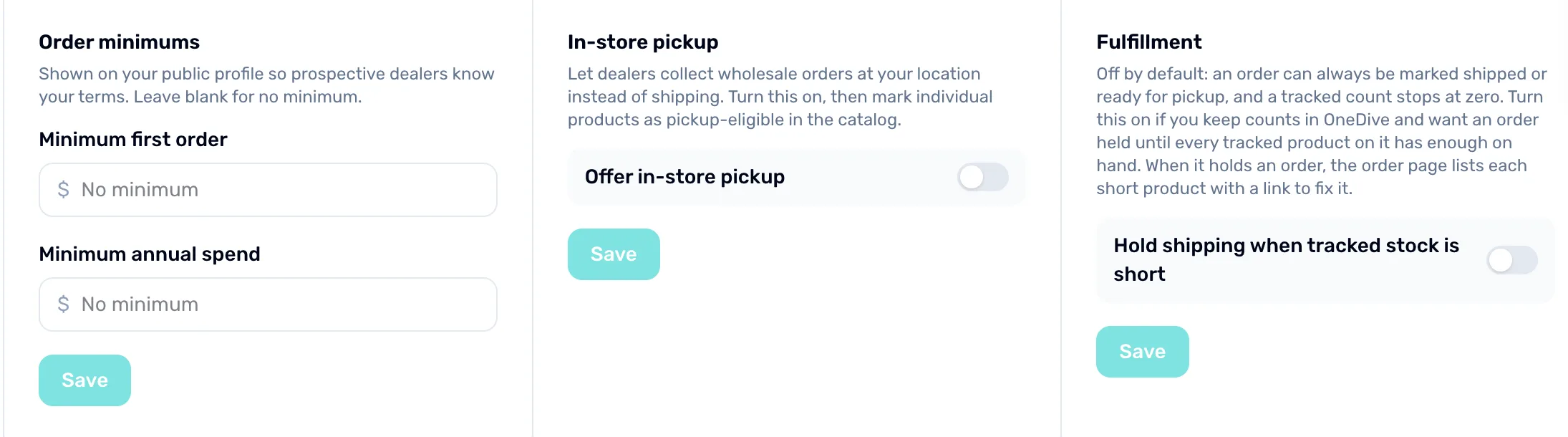 The Ordering terms page with three panels side by side: Order minimums, In-store pickup and Fulfillment, each with its own Save button