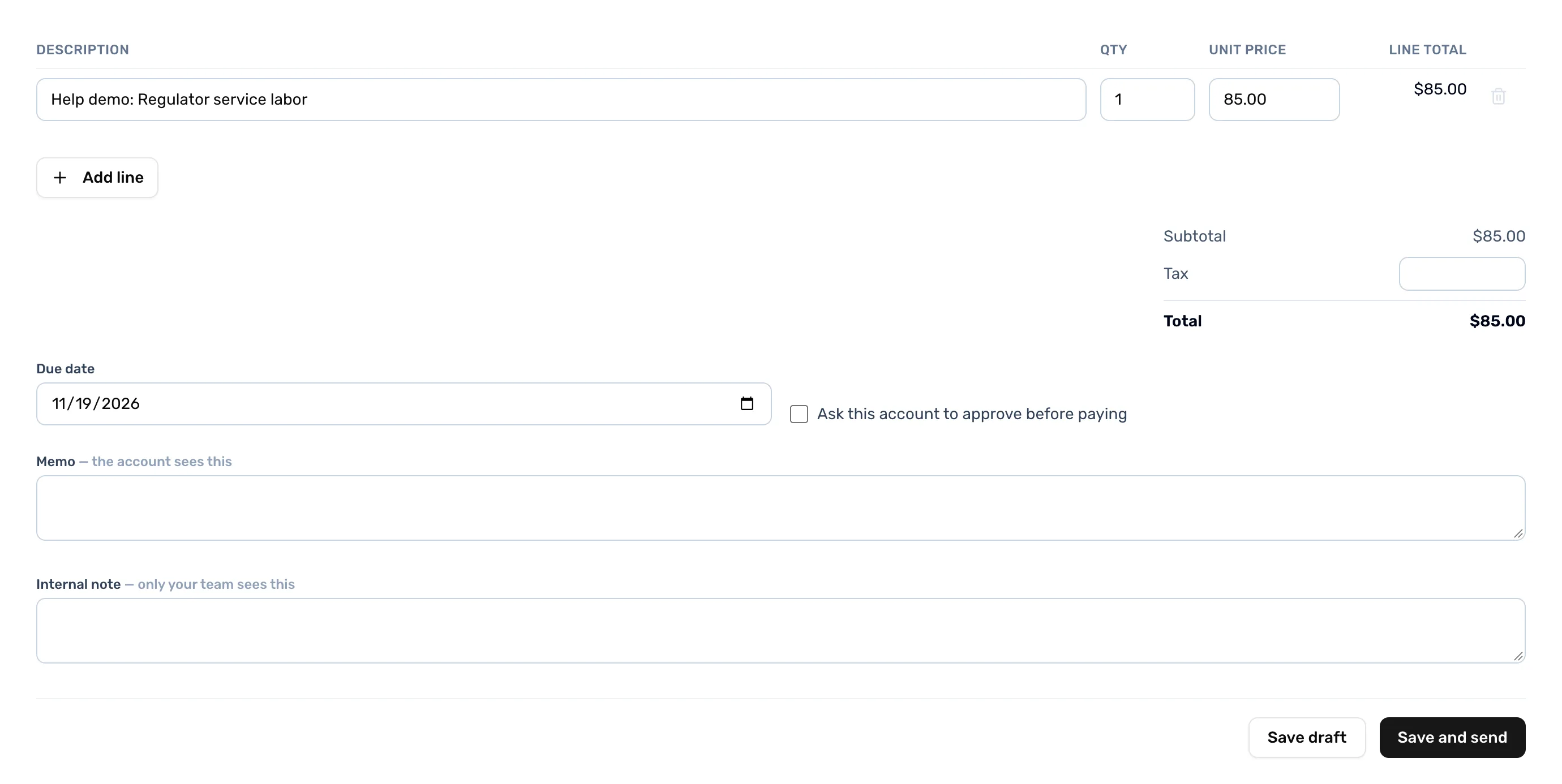 The new invoice form for one dealer with one line filled in, a due date set, the approve tick clear, and Save draft and Save and send at the bottom right
