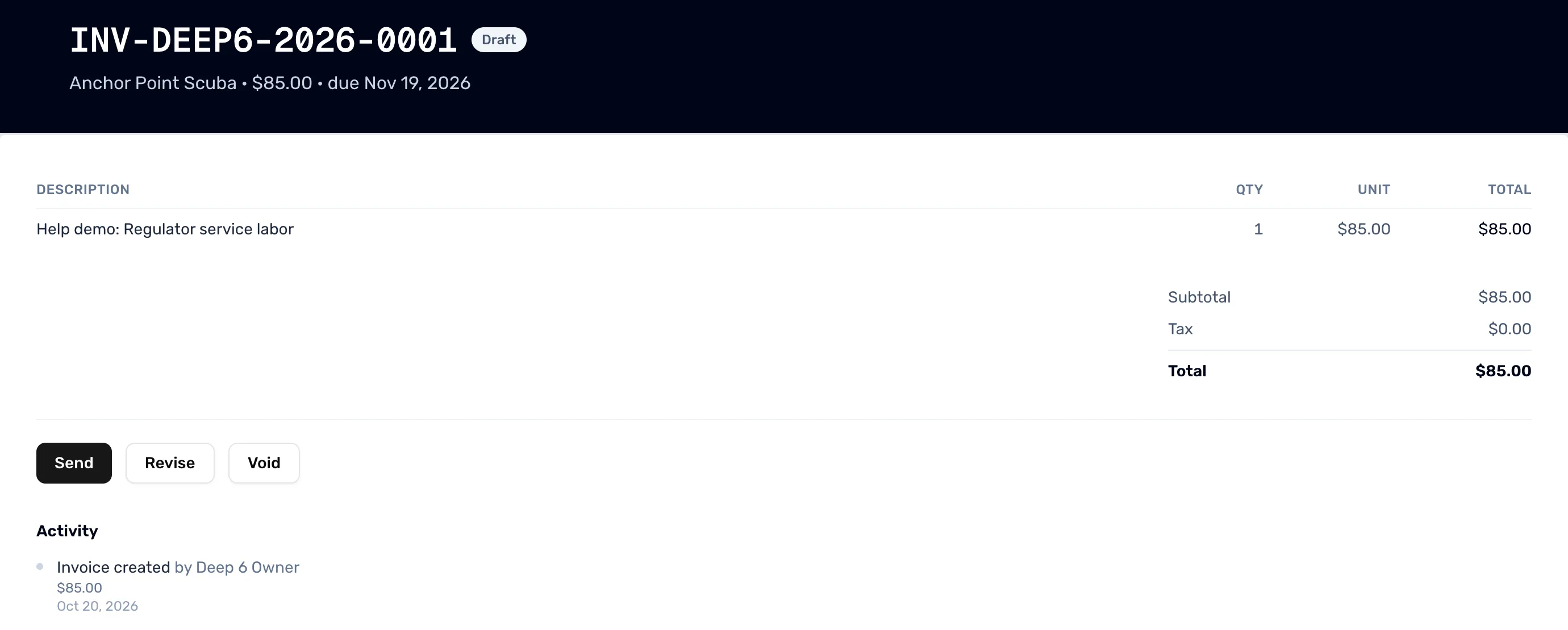 A saved draft invoice page with its number and a Draft tag at the top, one line of $85.00, and Send, Revise and Void buttons under the totals