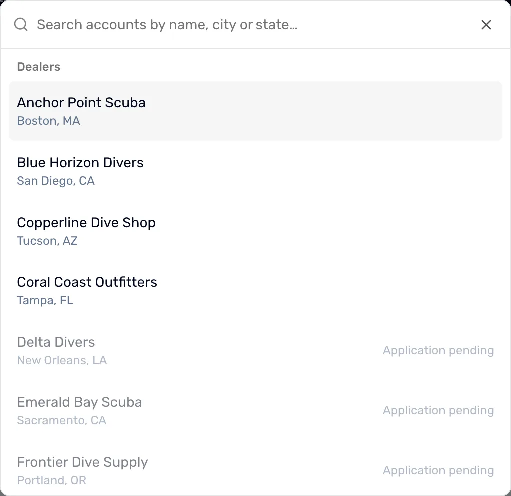 The New invoice search open over the Invoices page, with the Dealers group listing four dealers in black and three more in grey, each marked Application pending