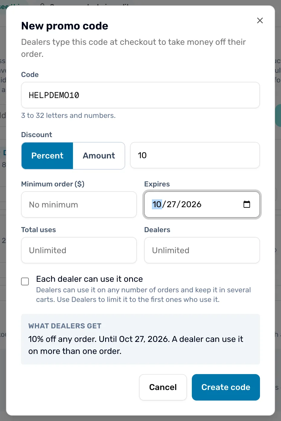 The New promo code window with the code HELPDEMO10 typed in, Percent chosen with 10, an expiry date a week out, the Each dealer can use it once box empty, the What dealers get box reading 10% off any order until the expiry date, and the Cancel and Create code buttons