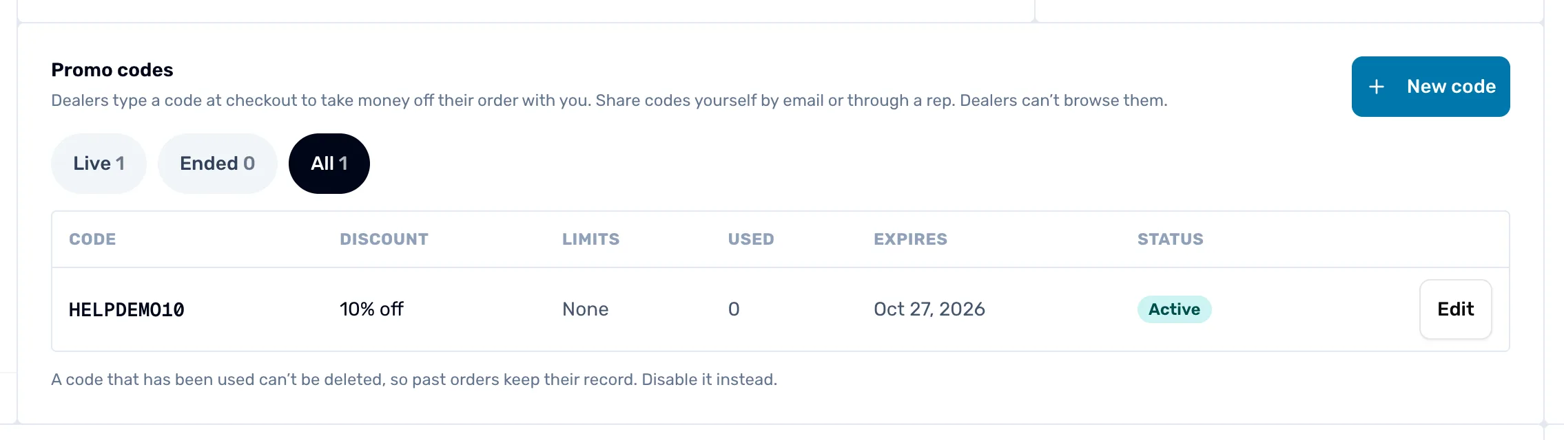 The Promo codes panel with the New code button at the top right, the Live, Ended and All filter buttons, and a table with the columns Code, Discount, Limits, Used, Expires and Status, showing one active code that has not been used